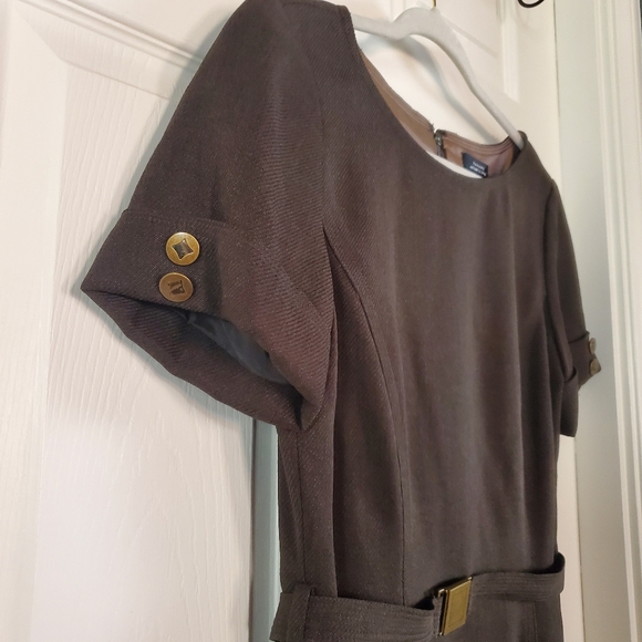 Tahari Arthur S Levine Olive Green Midi Dress Belted Short Sleeves Career Office - Picture 4 of 13